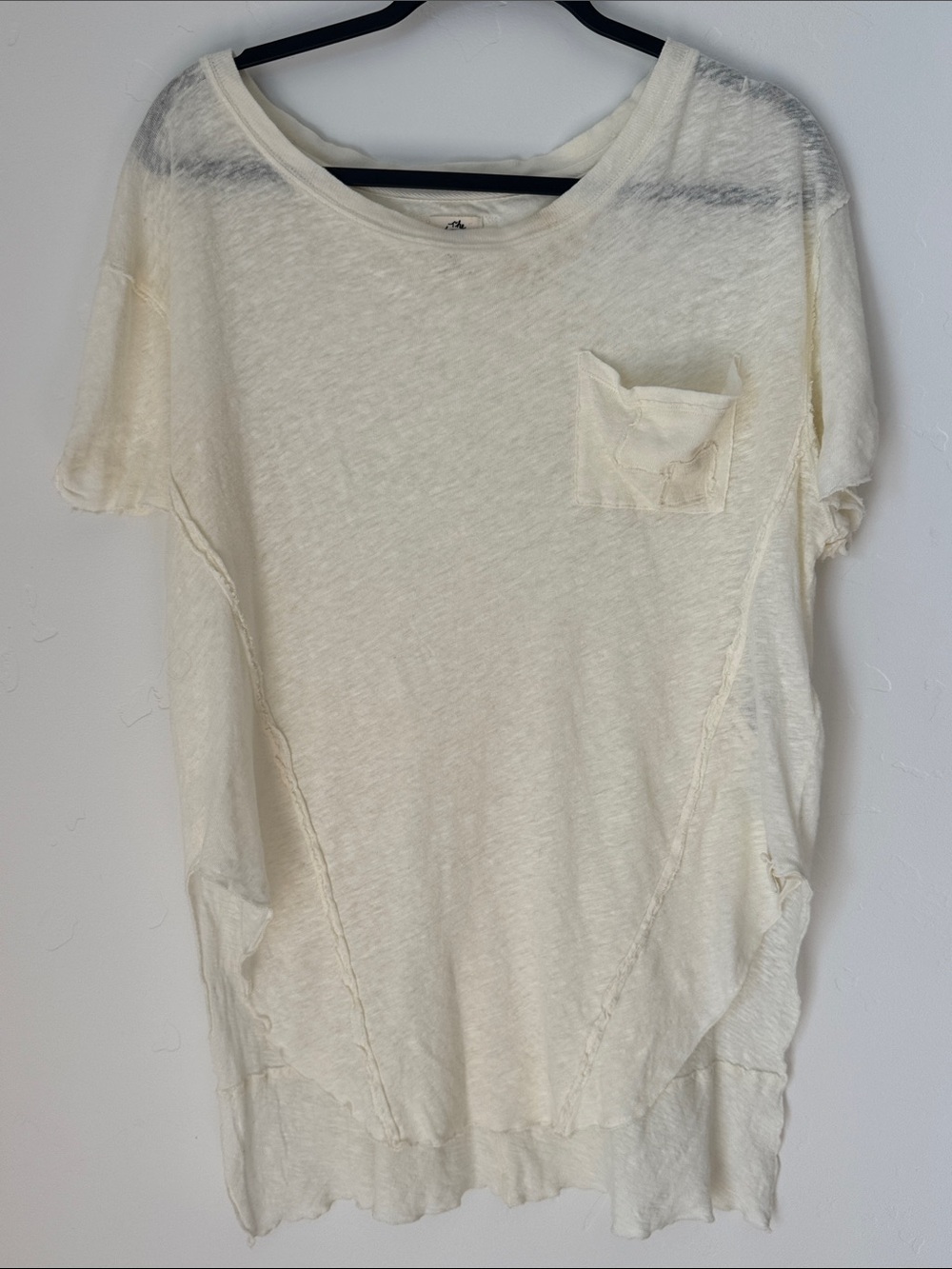 Free People We The Free Linen Blend Raw Edge Pocket Tee Oversized Cream Top M